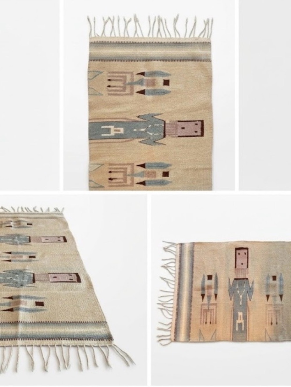 Southwestern Handwoven Runner with Navajo-style Figures in Cream and Light Blue